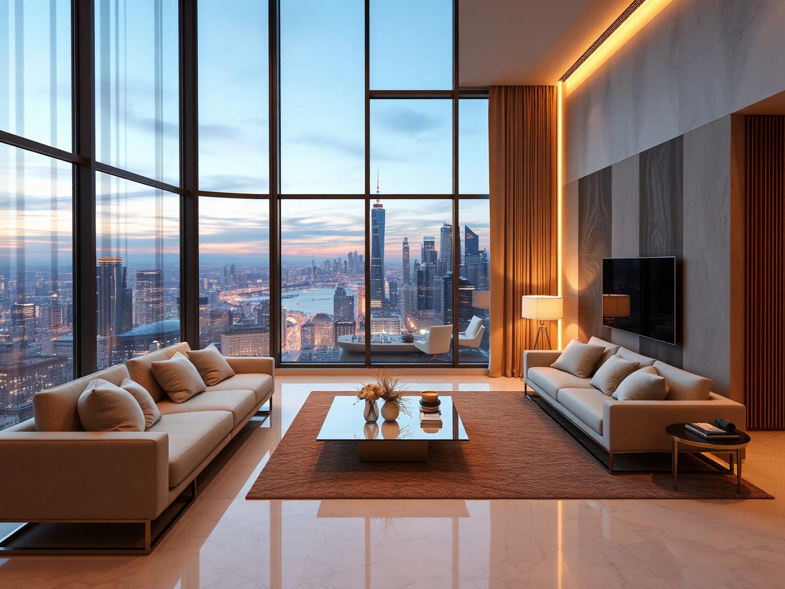 Luxury penthouse interior overlooking city skyline